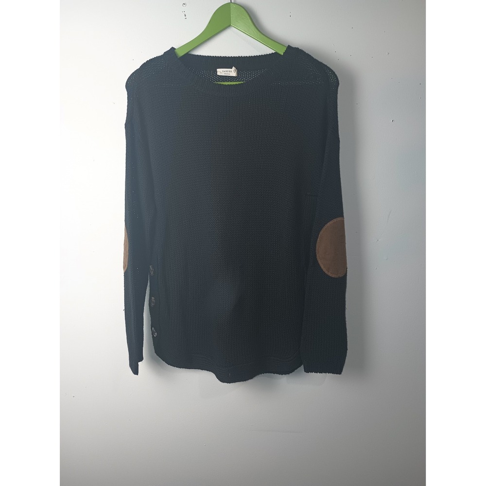 Harper Heritage Black Knit Sweater Women Medium Elbow Patches Button Side Hem